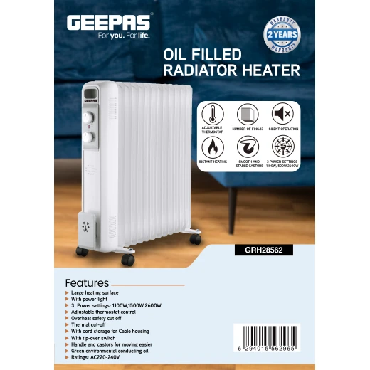 Geepas GRH28562 Oil Filled Radiator Heater – 13 Fins, 1100W/1500W/2600W, Adjustable Thermostat, Overheat Protection, Stable Castor Wheels, White - GEEPAS - Image 2