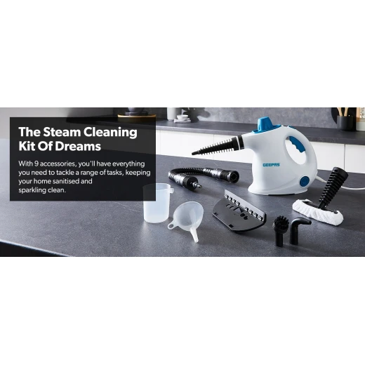 جيباس جهاز تنظيف بالبخار محمول باليد – بقدرة 1050 واط، خزان مياه سعة 380 مل، مع 9 ملحقات، حرارة بخار تصل إلى 110 درجة مئوية، خفيف الوزن وسهل الحمل، باللونين الأزرق والأبيض - جيباس - Image 7