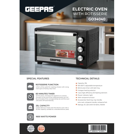 Geepas GO34040 25L Electric Oven with Rotisserie – 1600W - GEEPAS - Image 2