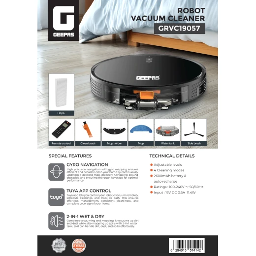 Geepas GRVC19057 Smart Robot Vacuum Cleaner Wet & Dry – Gyro Navigation & App Control - GEEPAS - Image 2