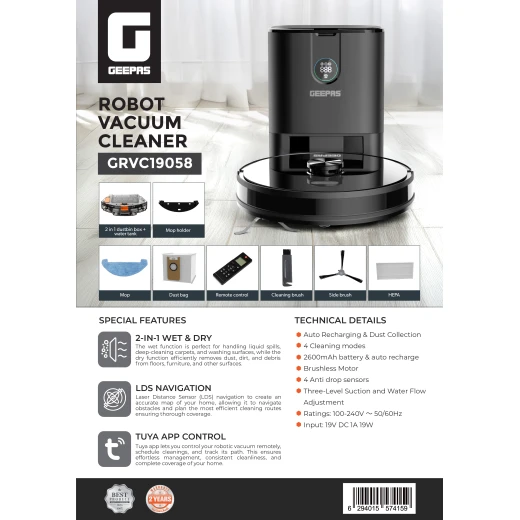 Geepas GRVC19058 Smart 2-in-1 Wet & Dry Robot Vacuum Cleaner – LDS Laser Navigation & App Control - GEEPAS - Image 2