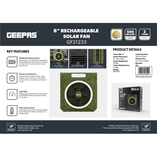 Geepas 8" Rechargeable Solar Fan with Remote Control, Smart Panel & LED Light – 3 Speed Modes, 20 Hours Working Time – GF21233 – Green - GEEPAS - Image 7