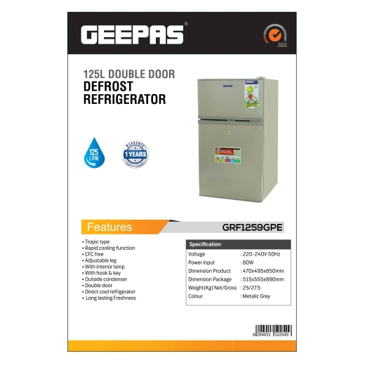 Geepas 84L Double Door Defrost Refrigerator – GRF1259GPE, Rapid Cooling, Tropic Type, CFC-Free, Metallic Grey - GEEPAS - Image 4