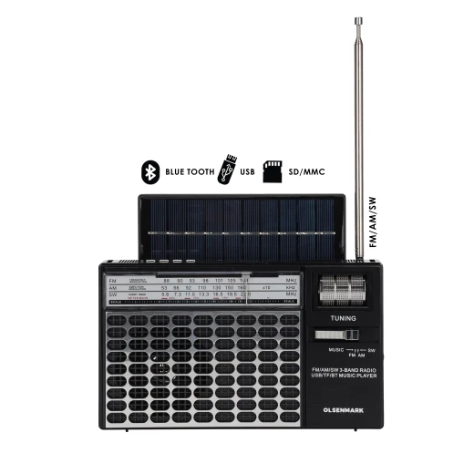 Olsenmark Portable Rechargeable 3-Band Retro Radio with Bluetooth, USB, TF, MP3 Player, Microphone, Karaoke & Solar Charging – OMR1276 – Black Olsenmark Portable Rechargeable 3-Band Retro Radio with Bluetooth, USB, TF, MP3 Player, Microphone, Karaoke & Solar Charging – OMR1276 – Black