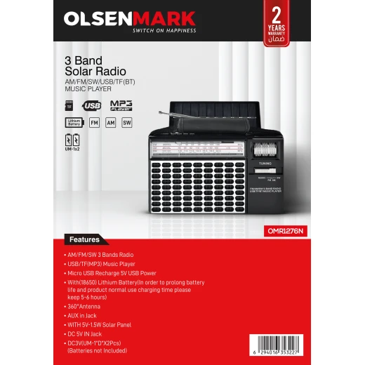 Olsenmark Portable Rechargeable 3-Band Retro Radio with Bluetooth, USB, TF, MP3 Player, Microphone, Karaoke & Solar Charging – OMR1276 – Black - olsenmark - Image 5
