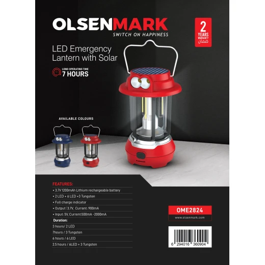 Olsenmark LED Emergency Lantern with Solar – OME2824, Energy Efficient, Super Bright, 7 Hours Runtime, Portable, Compact, Blue, 2 Years Warranty - olsenmark - Image 9