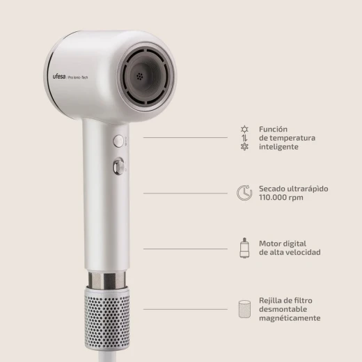 Ufesa Pro Ionic-Tech Hair Dryer – 1600W Digital Ionic Dryer with 3 Speeds, Smart Sensor, Magnetic Attachments - Ufesa - Image 6