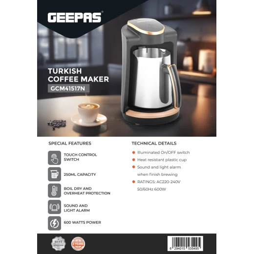 Geepas Turkish Coffee Maker – 250ml Capacity, Touch Control, Heat-Resistant Cup, Auto Safety System, 600W (GCM41517N) - GEEPAS - Image 8