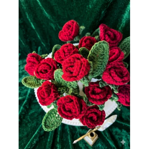 Red Roses Bouquet, 15 Mini Red Roses, Handmade Floral Bouquet, Elegant Romantic Flower Arrangement, Premium Decorative Piece, Perfect Gift for Birthdays, Anniversaries, Valentine's Day, Celebrations, Home and Office Décor - Warmy Look - Image 3