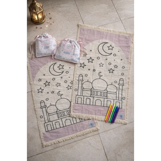 Color Me Kids Ramadan Coloring Prayer Mat – Soft Fabric with Mosque & Moon Outlines for Creative Play Pink Color Me Kids Ramadan Coloring Prayer Mat – Soft Fabric with Mosque & Moon Outlines for Creative Play Pink