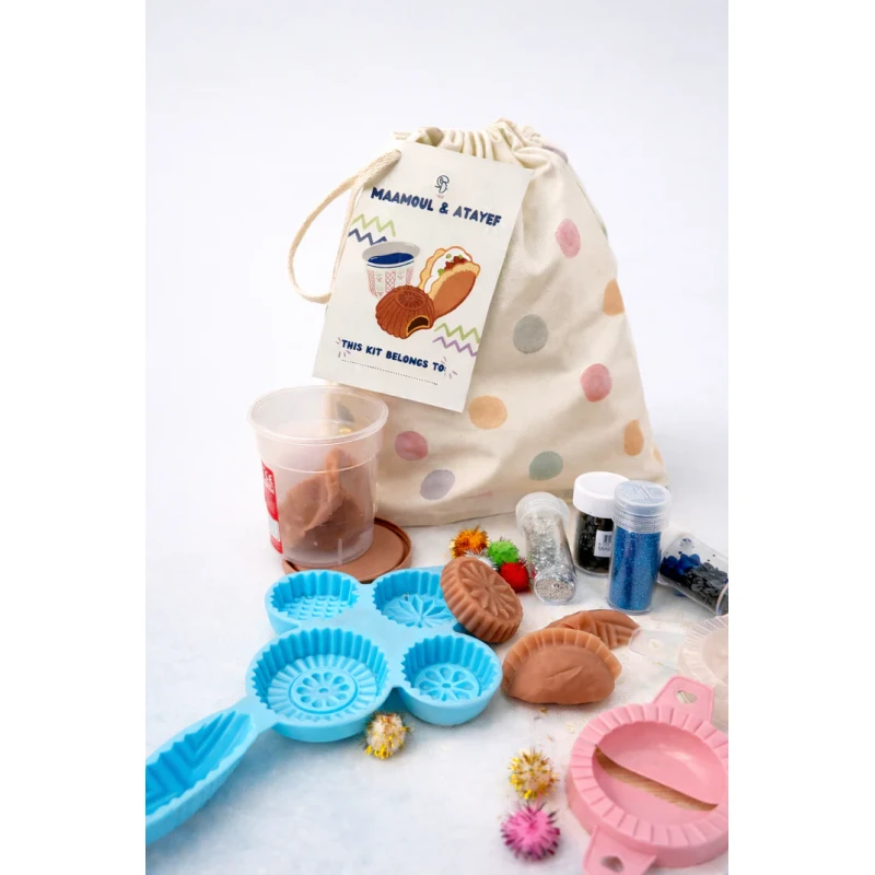 Maamoul & Atayef Sensory Kids Kit – Traditional Molds, Reusable Dough & Glitter in a Soft Drawstring Bag - yaco