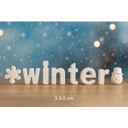 حروف كلمة الشتاء باللغة الإنجليزية مع شكل قطرة الثلج ورأس رجل ثلجس