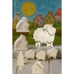 The three sheeps story set contains one big mother sheep and 3 lambs, and 3 houses and 1 tree  - sensoria