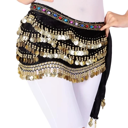Velvet & Chiffon Belly Dance Hip Scarf with Gold/Silver Coins – 3 Layers Velvet & Chiffon Belly Dance Hip Scarf with Gold/Silver Coins – 3 Layers