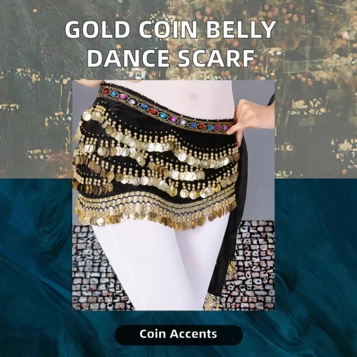 Velvet & Chiffon Belly Dance Hip Scarf with Gold/Silver Coins – 3 Layers - Image 6