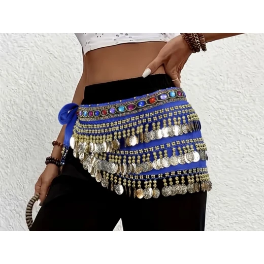 Velvet & Chiffon Belly Dance Hip Scarf with Gold/Silver Coins – 3 Layers - Image 4