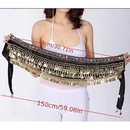 حزام خصر للرقص الشرقي من المخمل والشيفون مرصع بأقراص ذهبية/فضية – 3 طبقات – لون أحمر - Image 3
