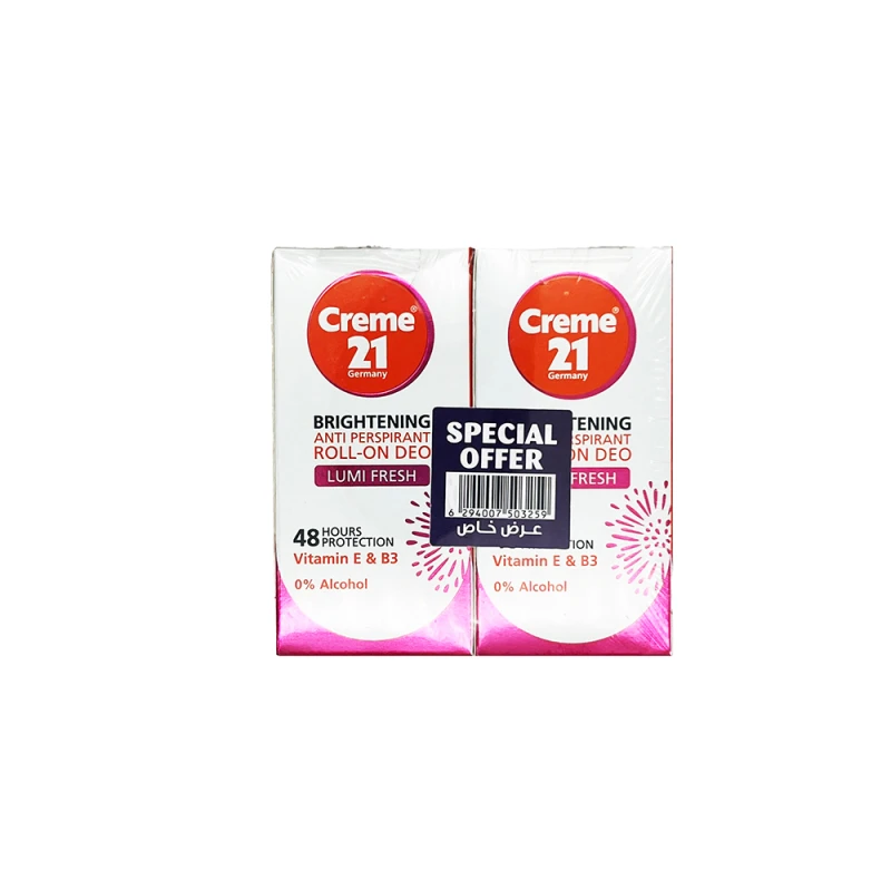 Creme 21 Brightening Roll-On Lumi Fresh, Pack of 2, Moisturizes Underarms with Vitamin E, Evens Skin Tone with Vitamin B5, Provides 48-Hour Protection - Creme 21