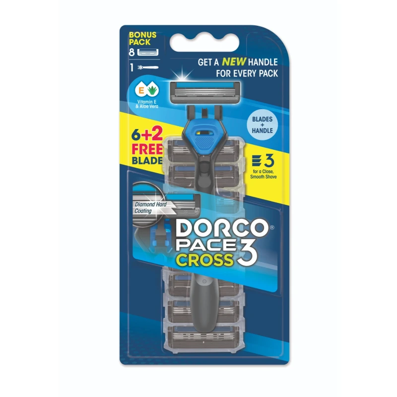 Dorco Pace 3 Cross Disposable Razors for Men, 3 Blades Pivoting Head, 1 Rubber Handle + 6+2 Refills - Dorco