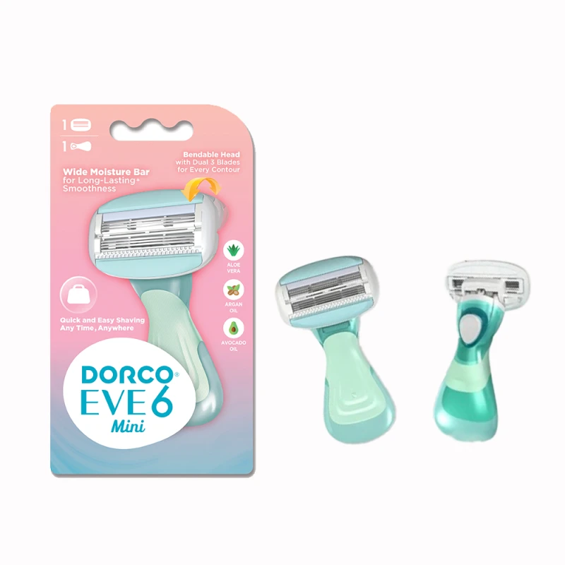 Dorco Eve 6 Mini System Razor for Women – 6-Blade Razor for On-the-Go grooming, 2 Heads, 1 Handle - Dorco