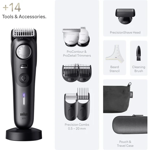 Braun Series 9 Beard Trimmer 4 Combs 3 Attachments Beard Template Charging Stand Pouch Carrying Case Cleaning Brush - Braun - Image 3