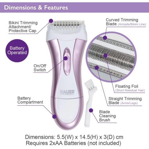 Bauer Professional Lady Shaver, Wet & Dry Cordless Electric Shaver, Stainless Steel Blades for a Silky Smooth Finish, Battery Operated - Bauer - Image 3