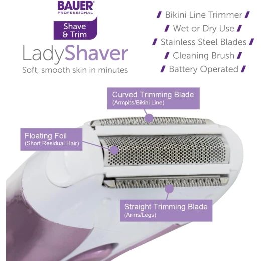 Bauer Professional Lady Shaver, Wet & Dry Cordless Electric Shaver, Stainless Steel Blades for a Silky Smooth Finish, Battery Operated - Bauer - Image 6