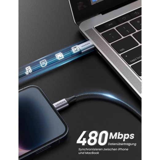 كابل USB-C Lightning، معتمد من MFi، متوافق مع PD، 2 متر (2 متر)، شحن سريع، كابل Lightning مضفر من النايلون من يوجرين - يوجرين - Image 5