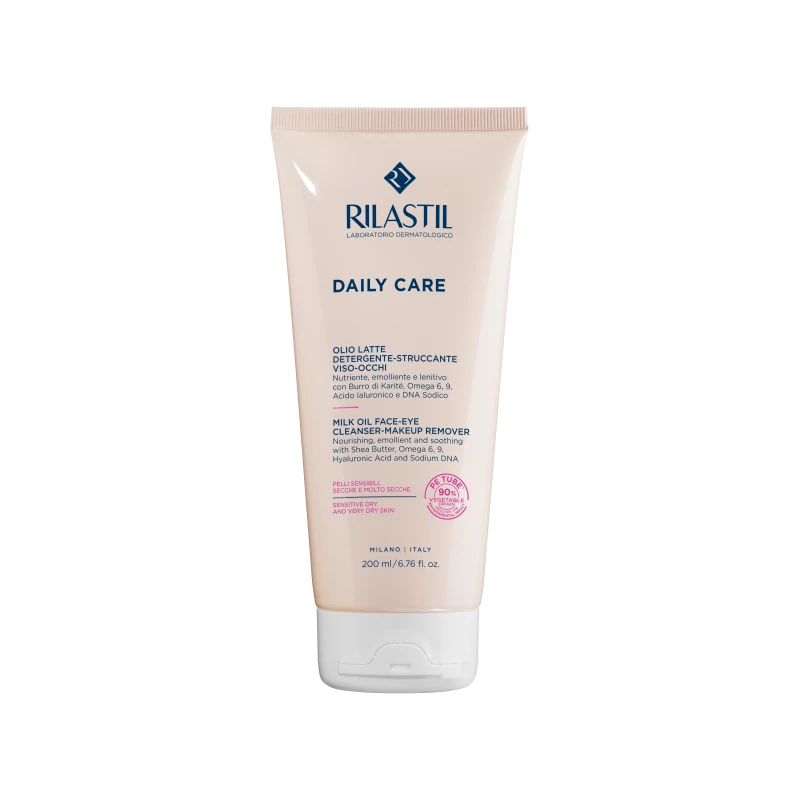 Rilastil Daily Care Milk Oil 200ml Deep Makeup Remover and Cleanser with Shea Butter Omega 6 9 Hyaluronic Acid and Sodium DNA Nourishing and Soothing Formula - Rilastil