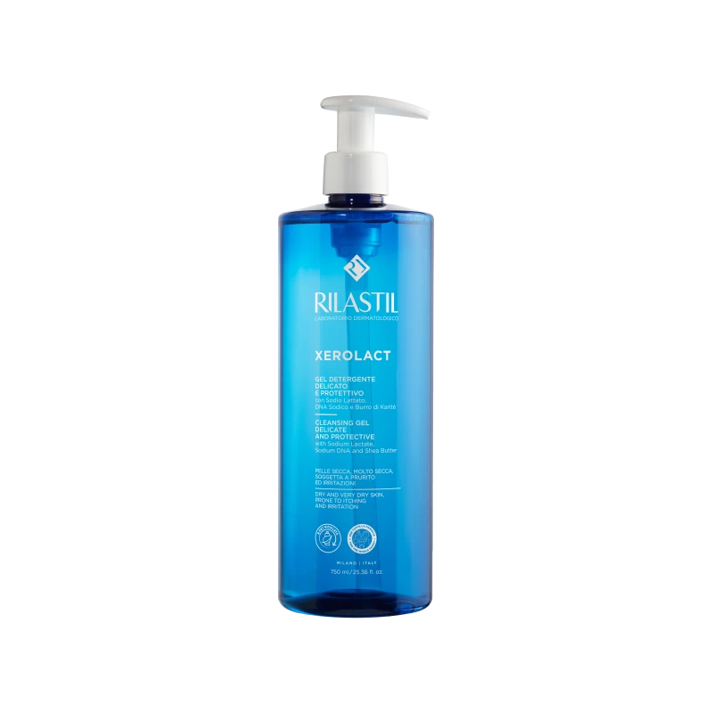 Rilastil Xerolact Cleansing Gel for Dry and Very Dry Skin 750ml, gentle hydrating cleanser that soothes dryness and itching, protects skin barrier, suitable for daily face and body cleansing for the whole family - Rilastil