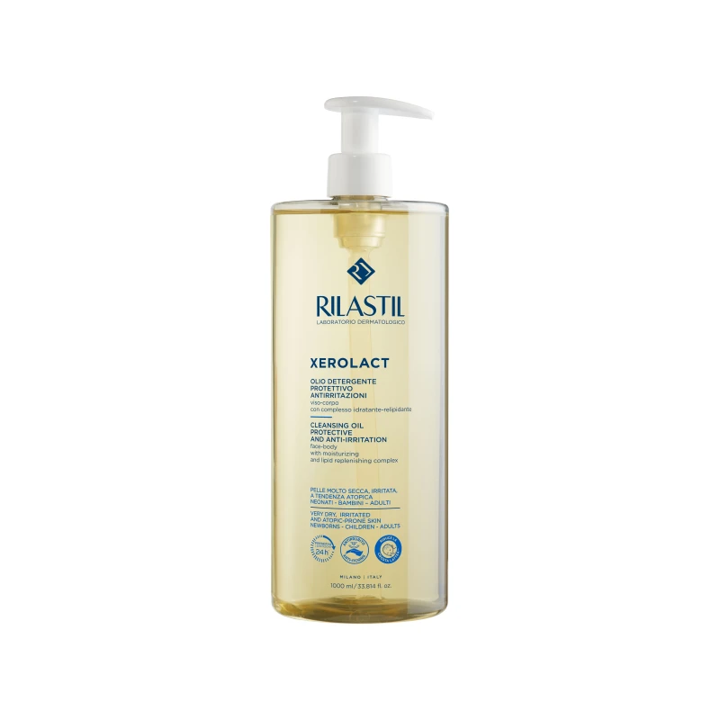 Rilastil Xerolact Cleansing Oil 1000ml, gentle cleansing and moisturizing oil for dry and sensitive skin, removes impurities while protecting skin barrier, leaves skin soft and comfortable, ideal for daily shower skincare use - Rilastil