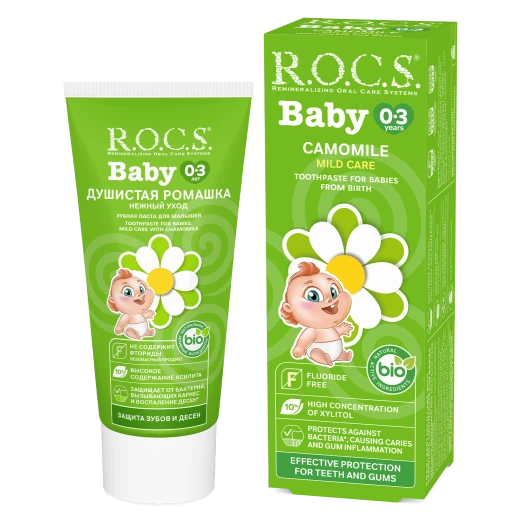 ROCS Baby Toothpaste Chamomile 45g (Ages 0–3), Fluoride-Free Formula for Gentle Gum & Enamel Care | Safe Daily Protection with Soothing Chamomile Flavor ROCS Baby Toothpaste Chamomile 45g (Ages 0–3), Fluoride-Free Formula for Gentle Gum & Enamel Care | Safe Daily Protection with Soothing Chamomile Flavor