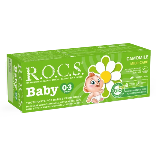 ROCS Baby Toothpaste Chamomile 45g (Ages 0–3), Fluoride-Free Formula for Gentle Gum & Enamel Care | Safe Daily Protection with Soothing Chamomile Flavor - R.O.C.S - Image 2