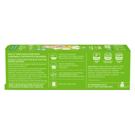 ROCS Baby Toothpaste Chamomile 45g (Ages 0–3), Fluoride-Free Formula for Gentle Gum & Enamel Care | Safe Daily Protection with Soothing Chamomile Flavor - R.O.C.S - Image 4