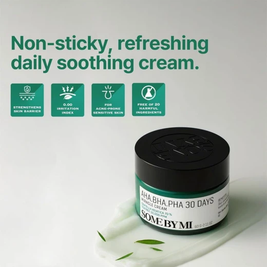Some By Mi AHA BHA PHA 30 Days Miracle Cream 60g  Exfoliating, Brightening & Soothing Moisturizer with Centella Asiatica, 4-Cica Formula, Niacinamide & Adenosine For Sensitive & Troubled Skin - Some by mi - Image 2