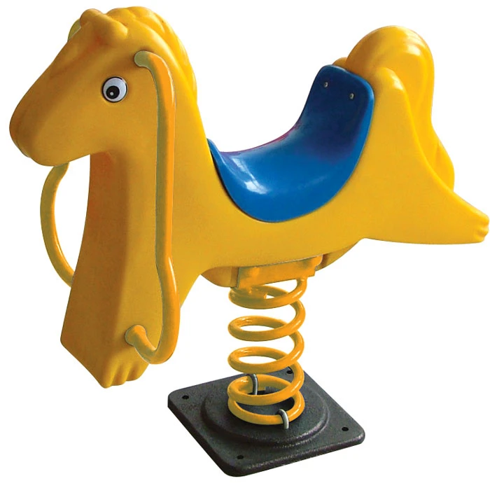Yellow Horse Spring Rider, Bouncy Playground Pony Toy with Blue Saddle, Safe & Durable Outdoor Ride-On for Kids, Weather-Resistant with Handles and Footrests - crowna