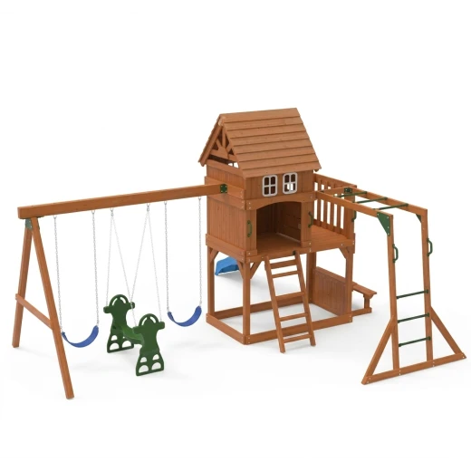 All-in-One Wooden Outdoor Playset with Swings, Slide, and Monkey Bars - crowna - Image 2