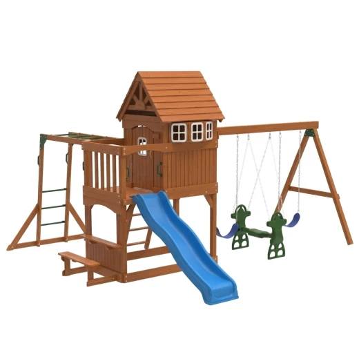 All-in-One Wooden Outdoor Playset with Swings, Slide, and Monkey Bars - crowna - Image 3