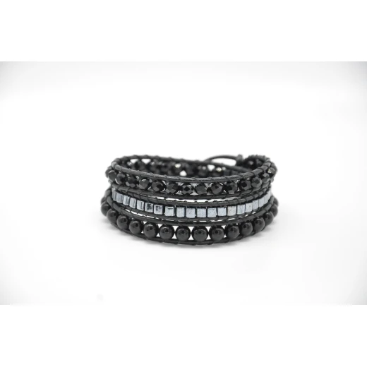 Women’s Handmade 3-Strand Black Leather Wrap Bracelet with Onyx & Japanese cubes Beads