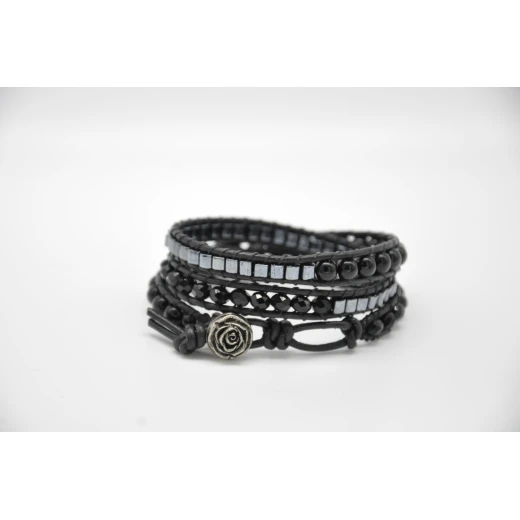 Women’s Handmade 3-Strand Black Leather Wrap Bracelet with Onyx & Japanese cubes Beads - Tuleen Accesorios - Image 2