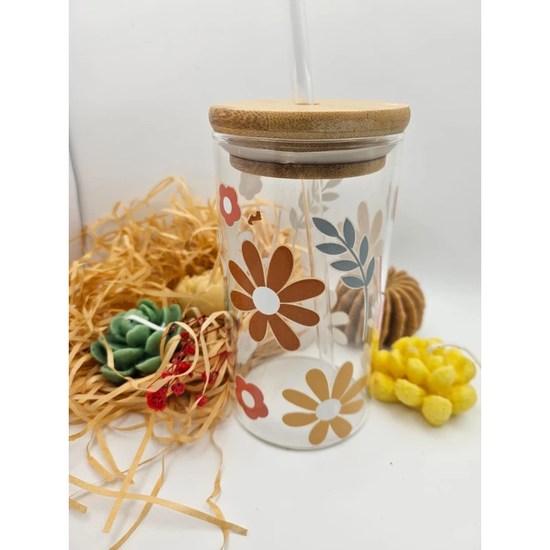 Timeless Gifts, a transparent glass cup with a colorful flowers Design, 300 ml , 1 piece. - Timeless gifts