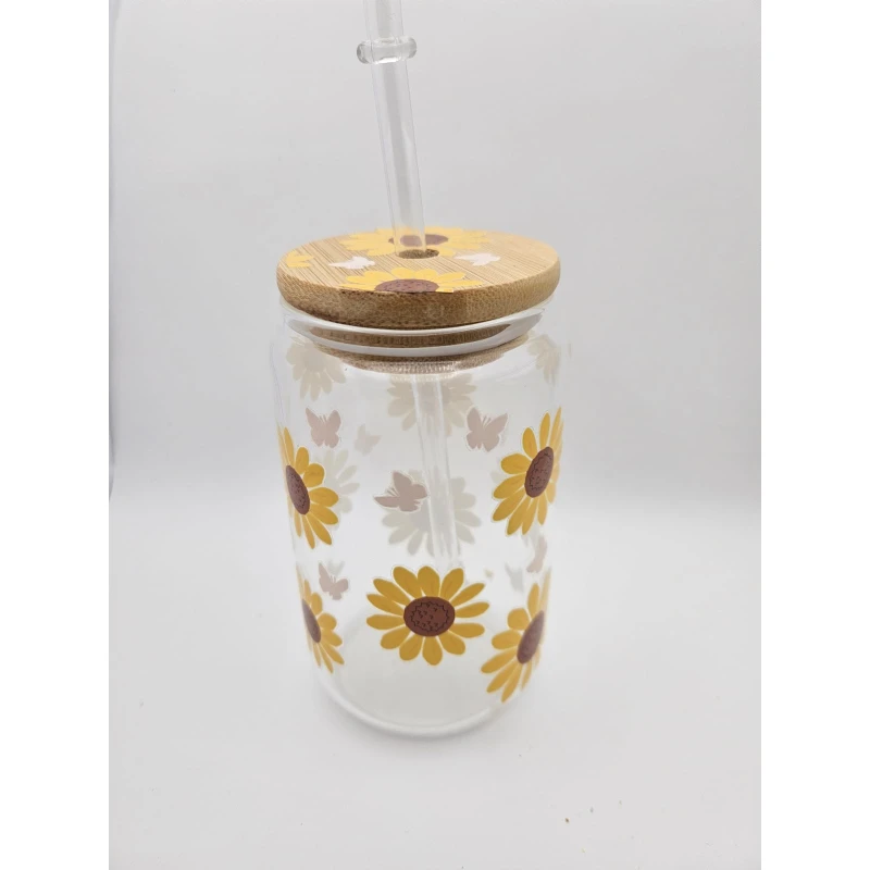 Timeless Gifts, a transparent glass cup with a Sunflower Design, 300 ml, 1 piece. - Timeless gifts