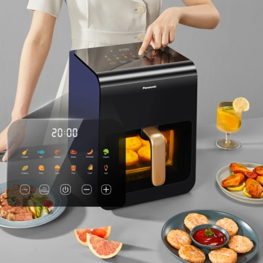 قلاية هوائية باناسونيك NF-CC600AXC مع نافذة عرض، سعة 6 لتر، درجة حرارة من 80 إلى 200 درجة مئوية، مؤقت رقمي وشاشة LCD، بخار لطيف، 11 برنامجًا مسبقًا، سهلة التنظيف، باللون الأسود/الأزرق الداكن مع مقبض ذهبي وردي، ضمان لمدة سنة واحدة - باناسونيك - Image 16