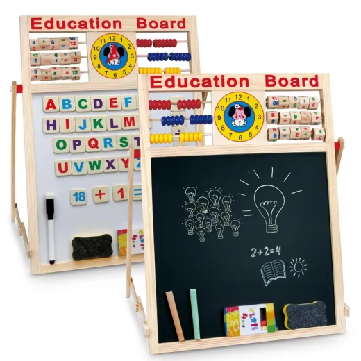 Multi-Purpose Double-Sided Magnetic Wood Board & Chalkboard 44 x 36.5 cm with Alphabets, Numbers, and Symbols Educational Toy for Kids, Includes Beads, Chalk, Pen, and 26 Magnetic Letters
