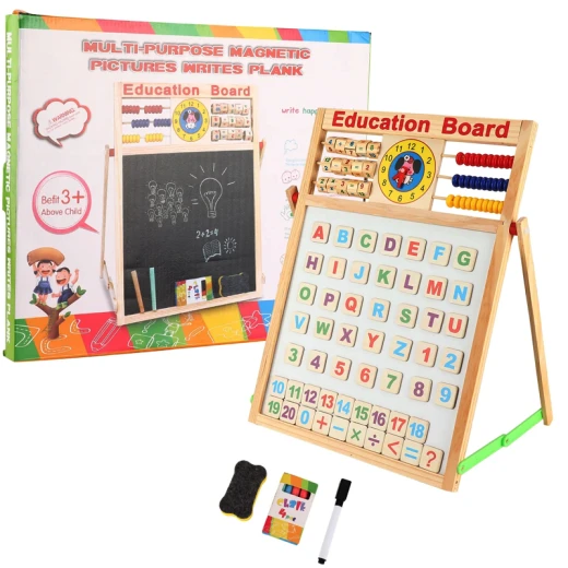 Multi-Purpose Double-Sided Magnetic Wood Board & Chalkboard 44 x 36.5 cm with Alphabets, Numbers, and Symbols Educational Toy for Kids, Includes Beads, Chalk, Pen, and 26 Magnetic Letters - Rs Toys - Image 4