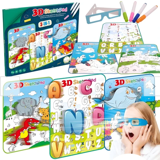 لوحة رسم ثلاثية الأبعاد 3 في 1 مع نظارات ثلاثية الأبعاد و4 أقلام ملونة (YM832) 3 تصميمات مختلفة للأطفال من سن 3 سنوات فما فوق لوحة رسم ثلاثية الأبعاد 3 في 1 مع نظارات ثلاثية الأبعاد و4 أقلام ملونة (YM832) 3 تصميمات مختلفة للأطفال من سن 3 سنوات فما فوق
