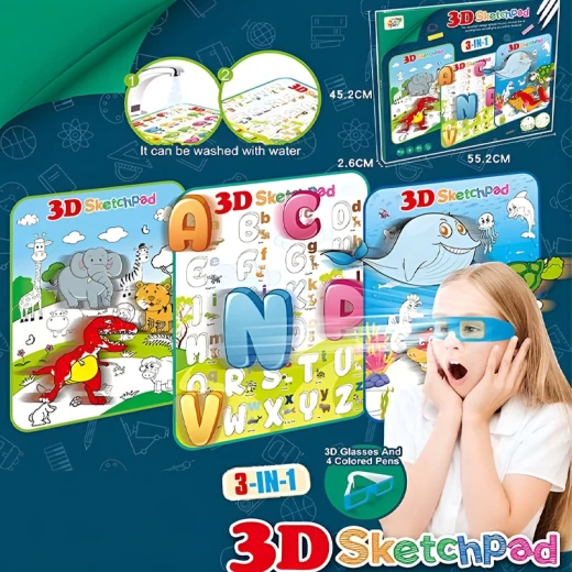 3D Sketchpad 3 in 1 With 3D Glasses & 4 Colored Pens (YM832) 3 different designs For kids 3+ Years - Rs Toys - Image 3