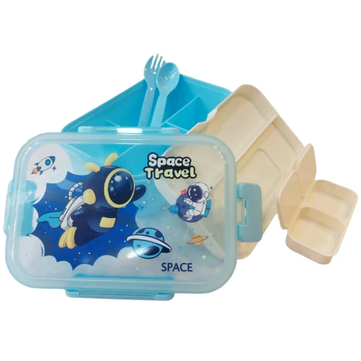 Fab N Funky Portable Lunch Box with Fork & Spoon Space Theme Print , BPA Free , Leak Resistant , Freezer Safe , 3 compartment, 1 Spoon,1 Fork, 2 Dip Container 850ML (Q31-14-RS) – Baby Blue - Rs Toys - Image 2
