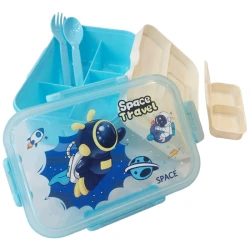 Fab N Funky Portable Lunch Box with Fork & Spoon Space Theme Print , BPA Free , Leak Resistant , Freezer Safe , 3 compartment, 1 Spoon,1 Fork, 2 Dip Container 850ML (Q31-14-RS) – Baby Blue