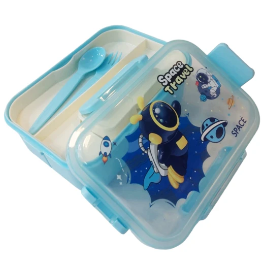 Fab N Funky Portable Lunch Box with Fork & Spoon Space Theme Print , BPA Free , Leak Resistant , Freezer Safe , 3 compartment, 1 Spoon,1 Fork, 2 Dip Container 850ML (Q31-14-RS) – Baby Blue - Rs Toys - Image 3